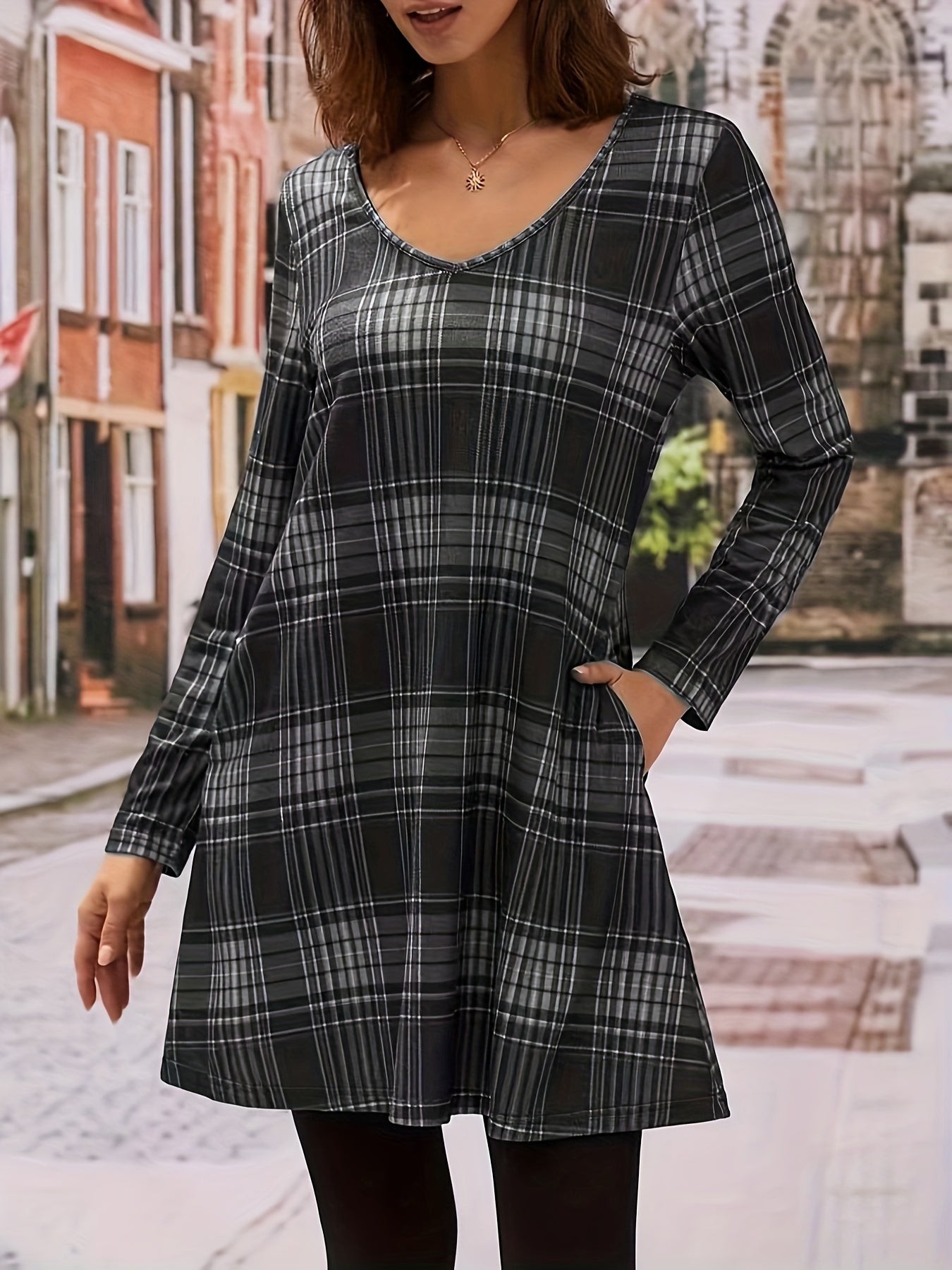 Women's Plus Plaid Print Long Sleeve V Neck Tee Dress With Pockets