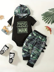 Summer Dino Print Baby Outfit Hooded Romper Top Trousers Set