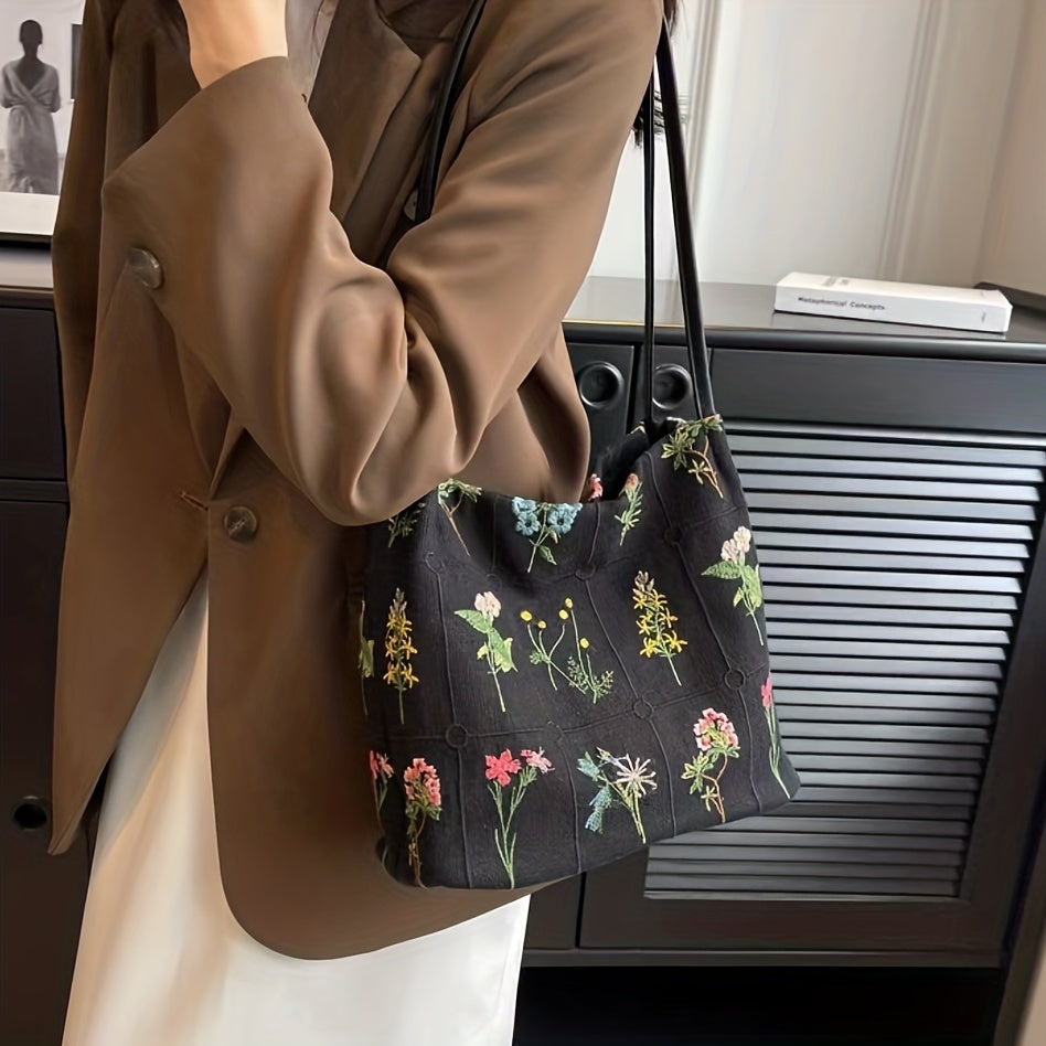Floral Embroidery Shoulder Bag Canvas Bucket Bag Handbag