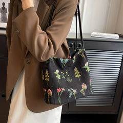 Floral Embroidery Shoulder Bag Canvas Bucket Bag Handbag