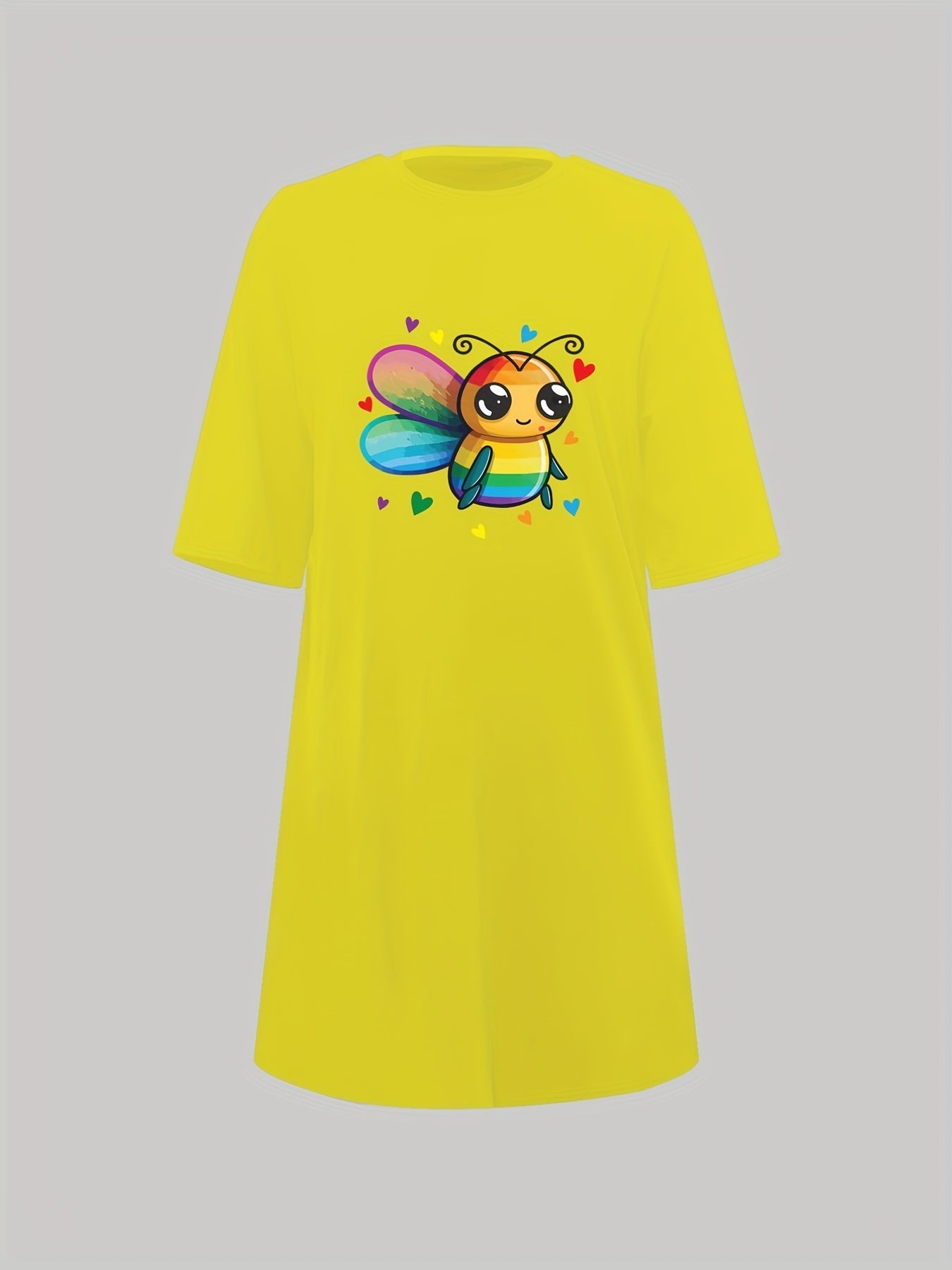  Bee & Heart Print Nightdress Round Neck Short Sleeve Sleep Dress