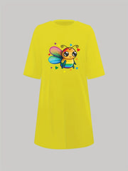  Bee & Heart Print Nightdress Round Neck Short Sleeve Sleep Dress