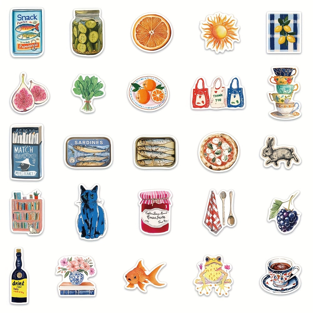 50pcs YWWBLD Retro PVC Stickers Fruits Veggies Whimsical Elements