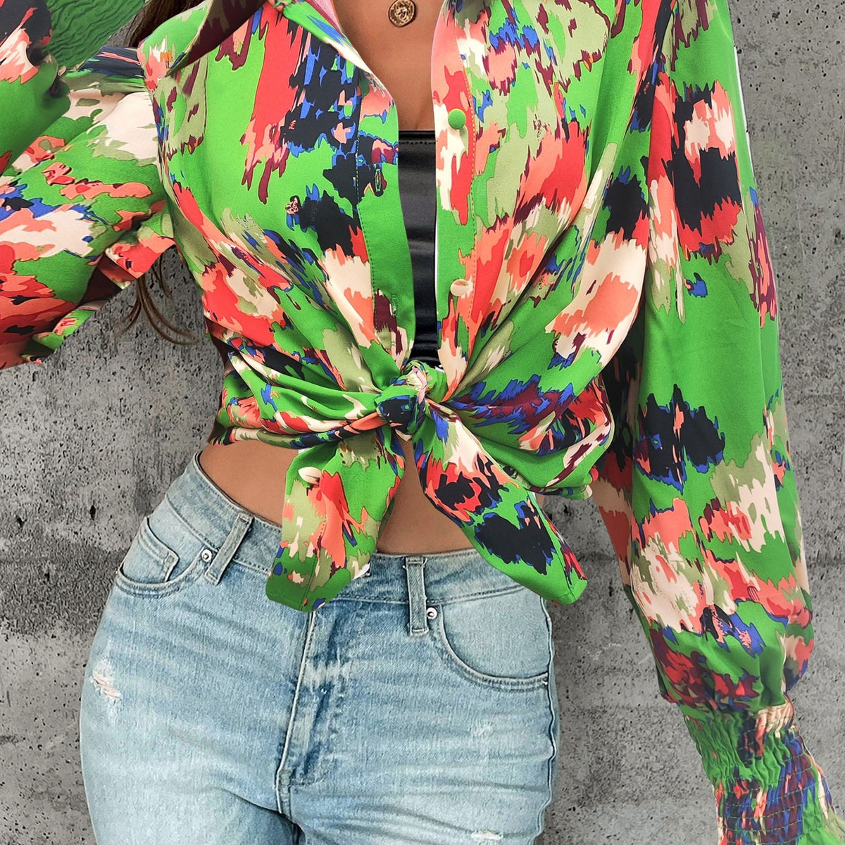  Colorblock Button Up Lantern Sleeve Blouse