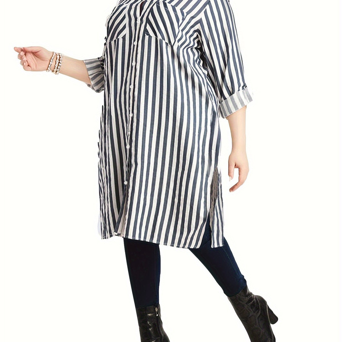  Striped Long Sleeve Button Up Lapel Collar Shirt