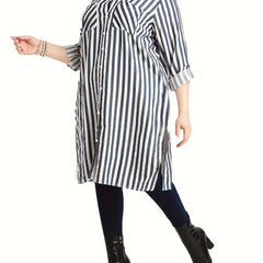  Striped Long Sleeve Button Up Lapel Collar Shirt