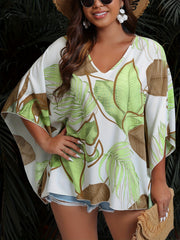  Leaf Print Bat Sleeve V Neck Top