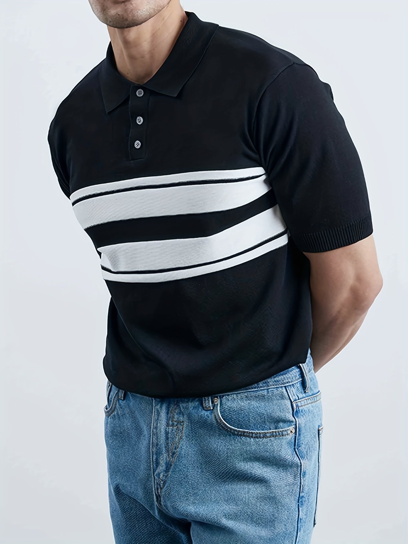 Striped Pattern Knit Short Sleeves Polo Shirt Men's Casual Lapel High Stretch