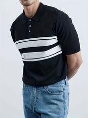 Striped Pattern Knit Short Sleeves Polo Shirt Men's Casual Lapel High Stretch