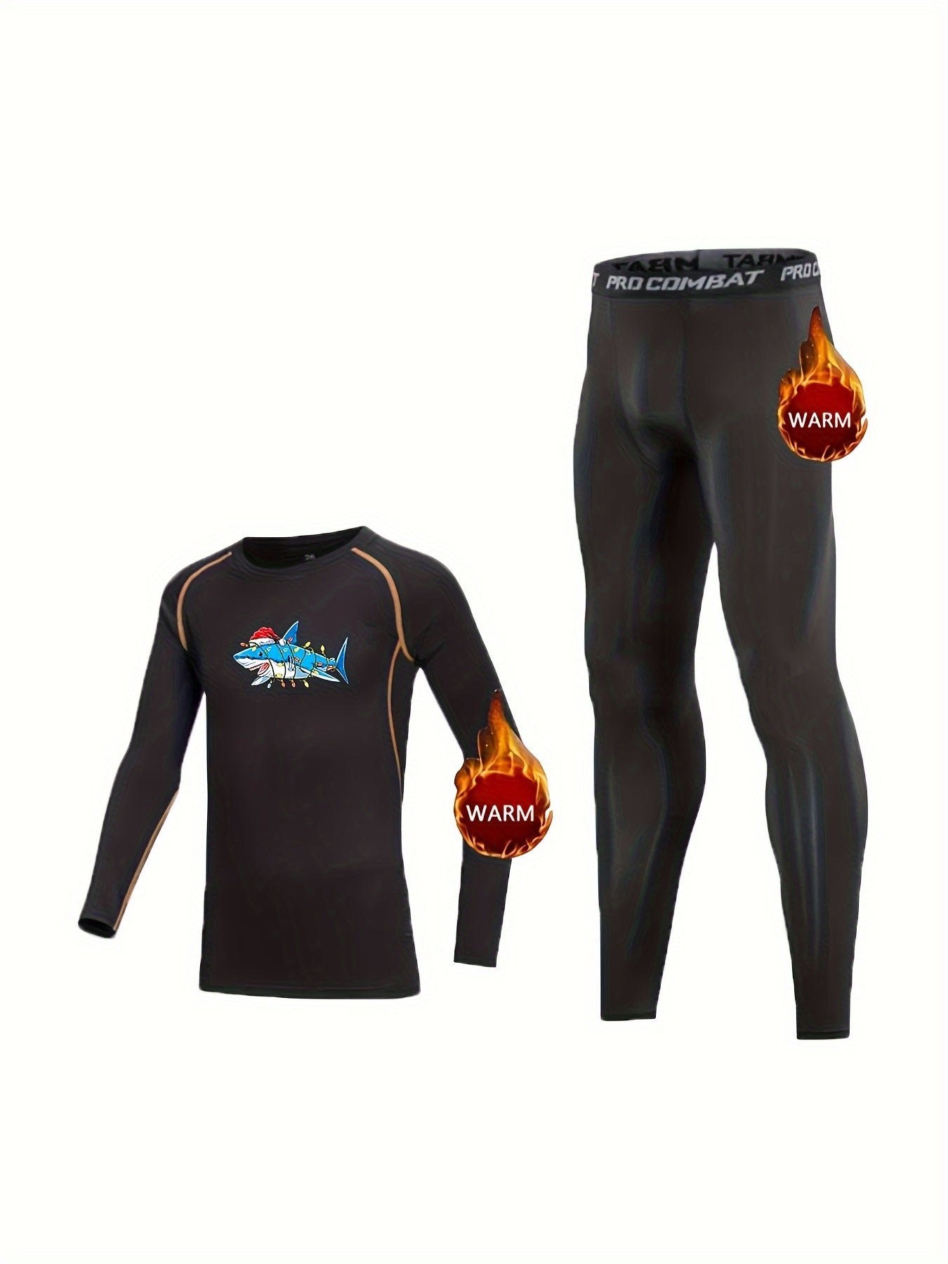 Christmas Shark Print Kids Fleece Lined Compression Base Set