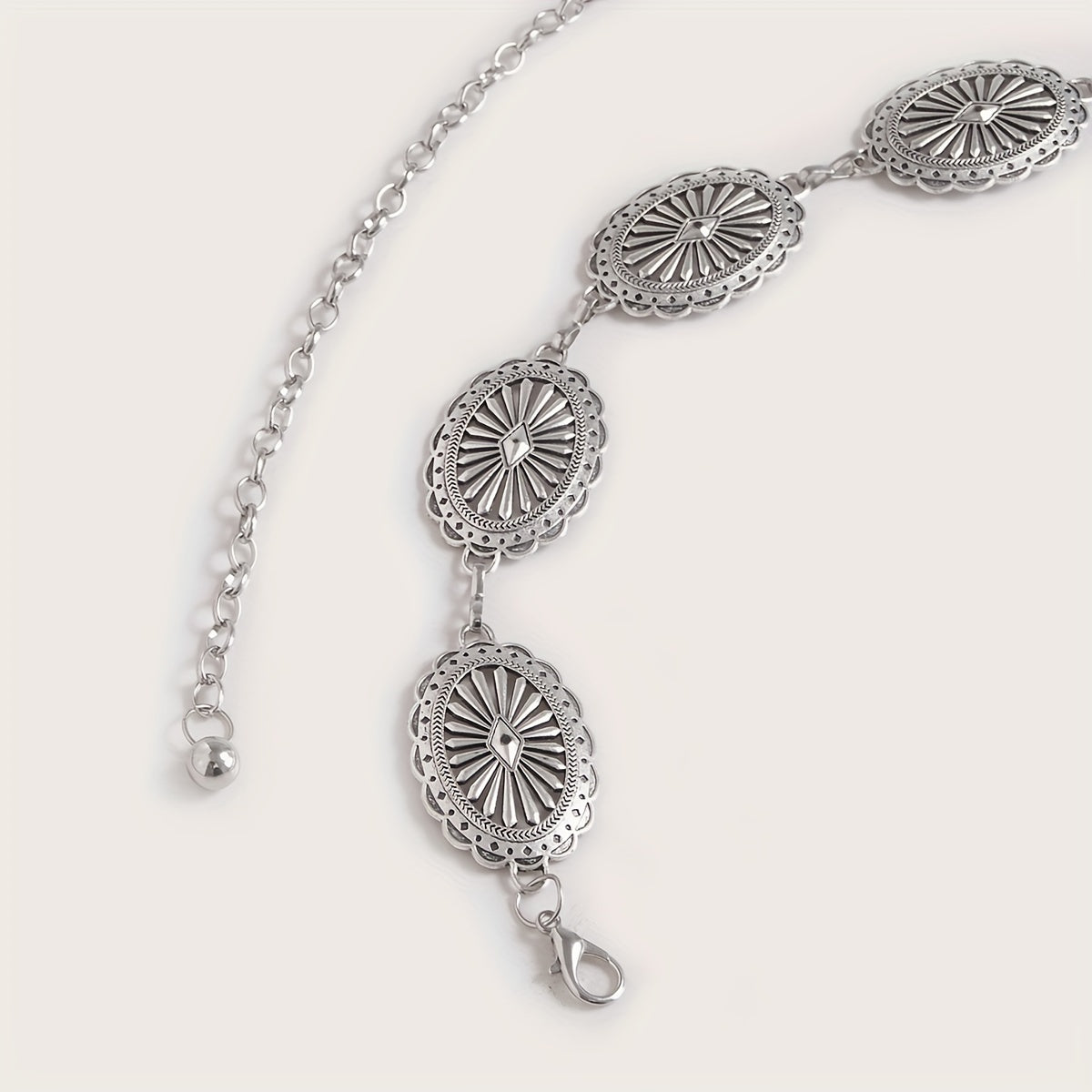 Silvery Hollow Oval Waist Chain Geometric Flower Carved Metal Body Chain