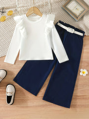 Girls Ruffle 2pcs Top & Wide Leg Pants Set with Belt - Spring Fall