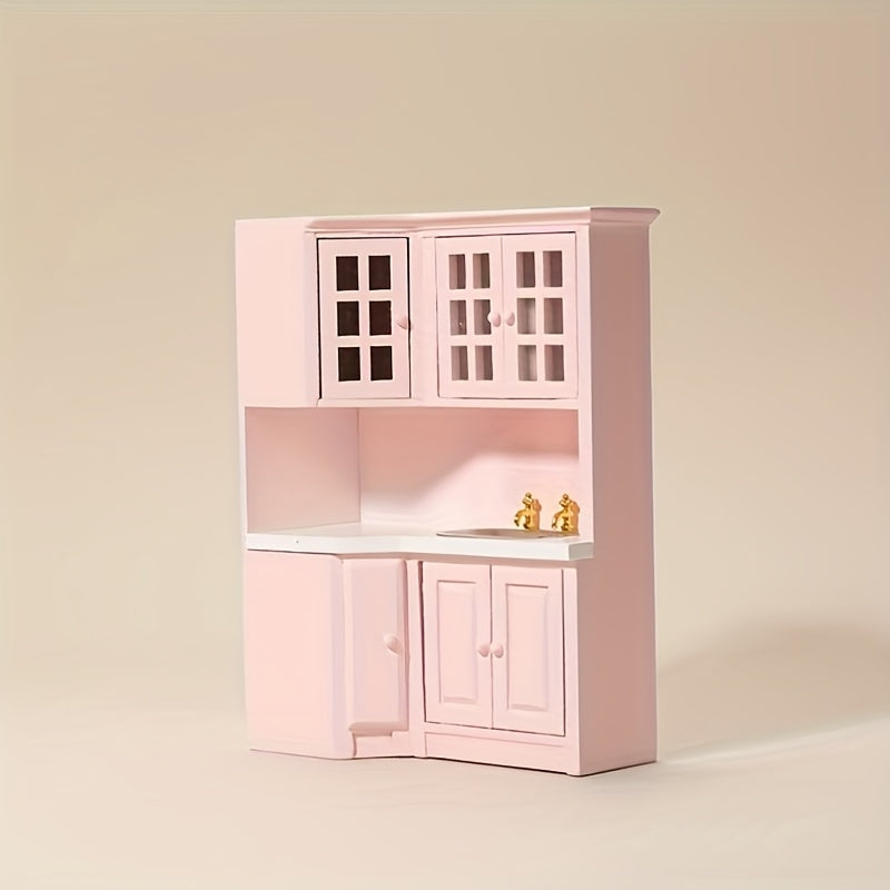 1:12 Scale Pink Dollhouse Kitchen Set with Cabinets, Sink, and Countertop Combo
