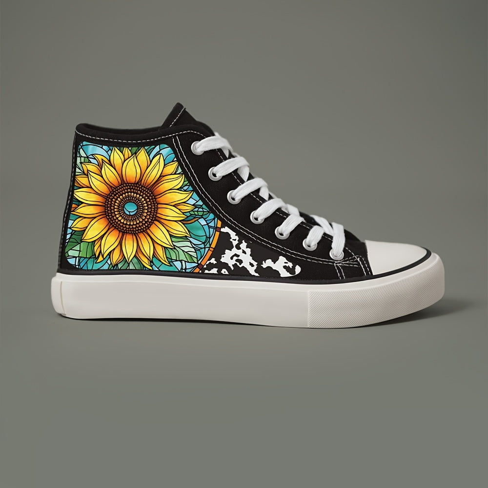 Flower Print Chunky Canvas Sneakers High Top Skate Shoes