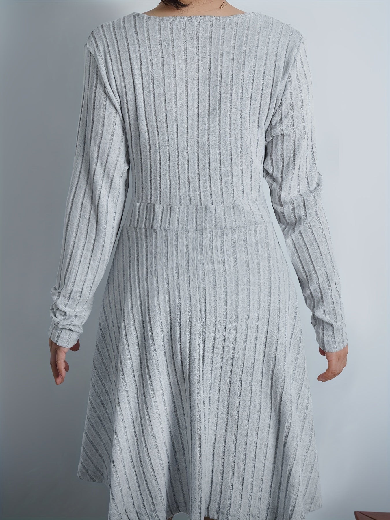  Solid Long Sleeve Surplice Neck Ribbed Knit Sweater Dress