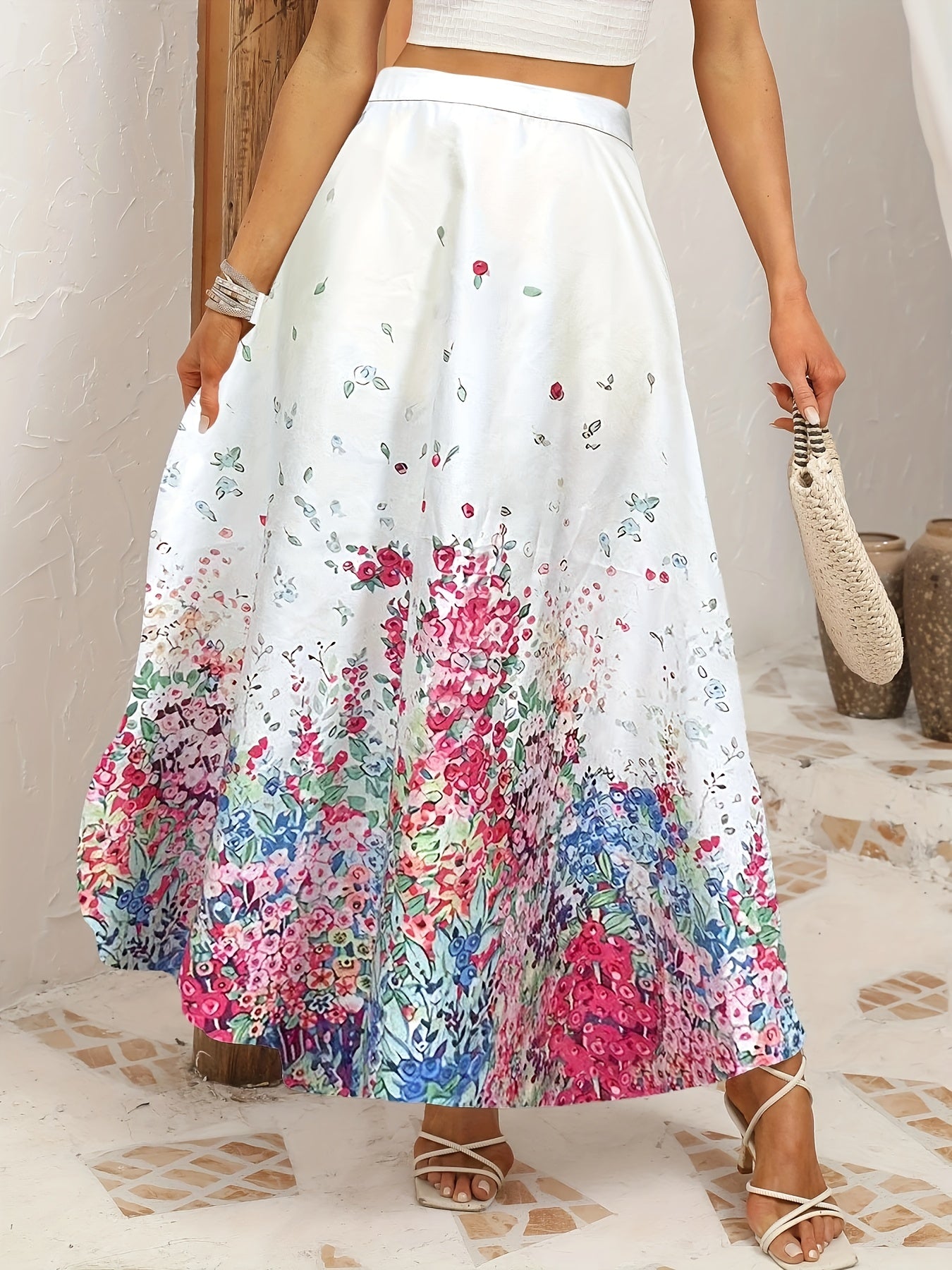 Women's Plus Floral Print Elastic High Rise A line Maxi Skirt