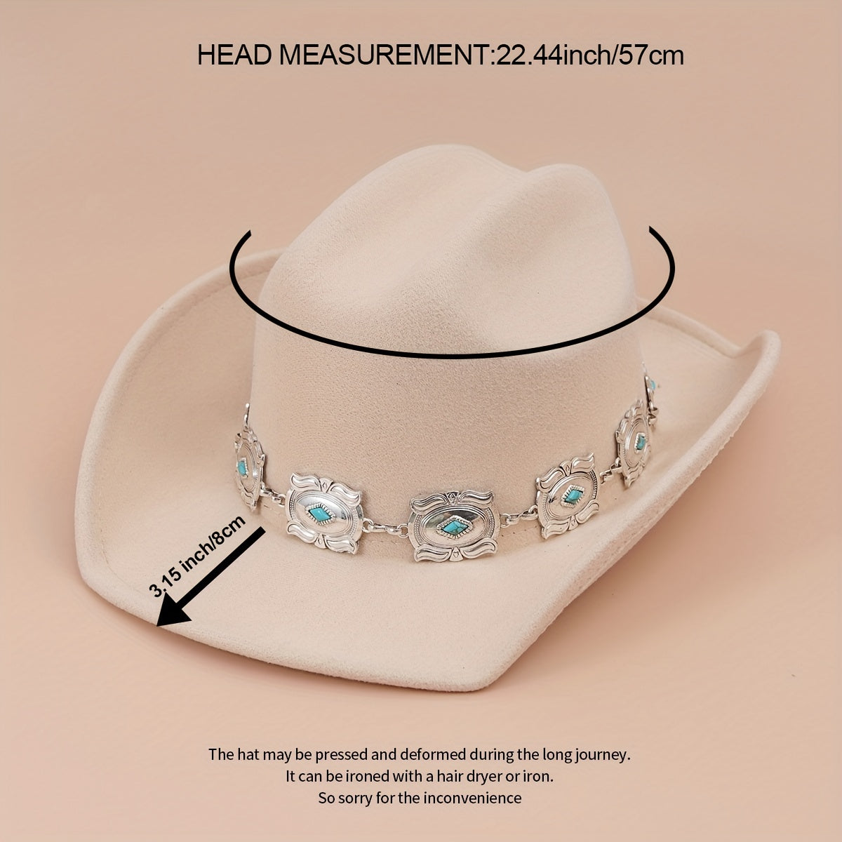 Western Cowboy Hat with Oval Stone Iron Chain Decoration