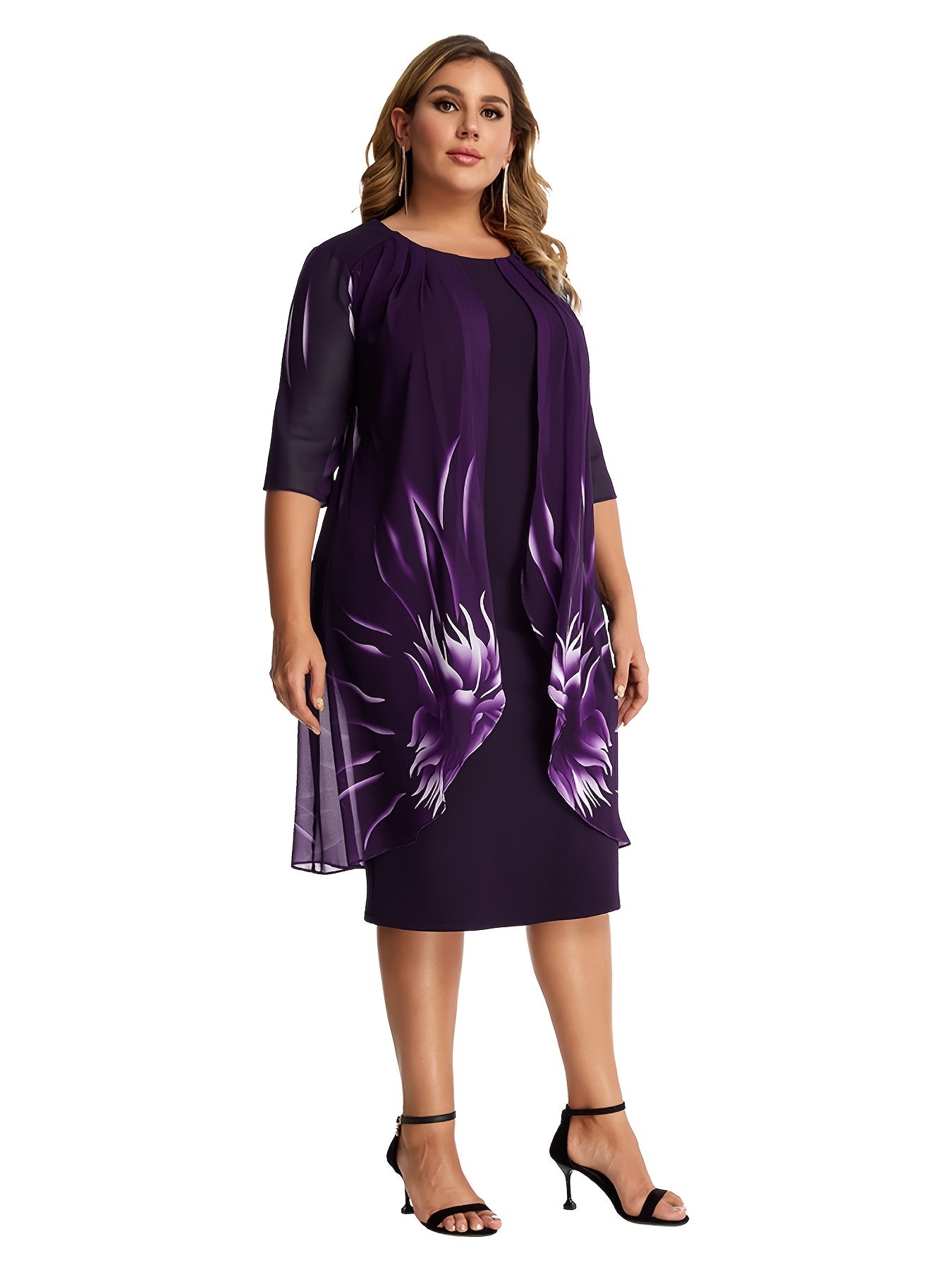 Mesh Floral Print Half Sleeve Midi Dress Women's Plus Medium Stretch