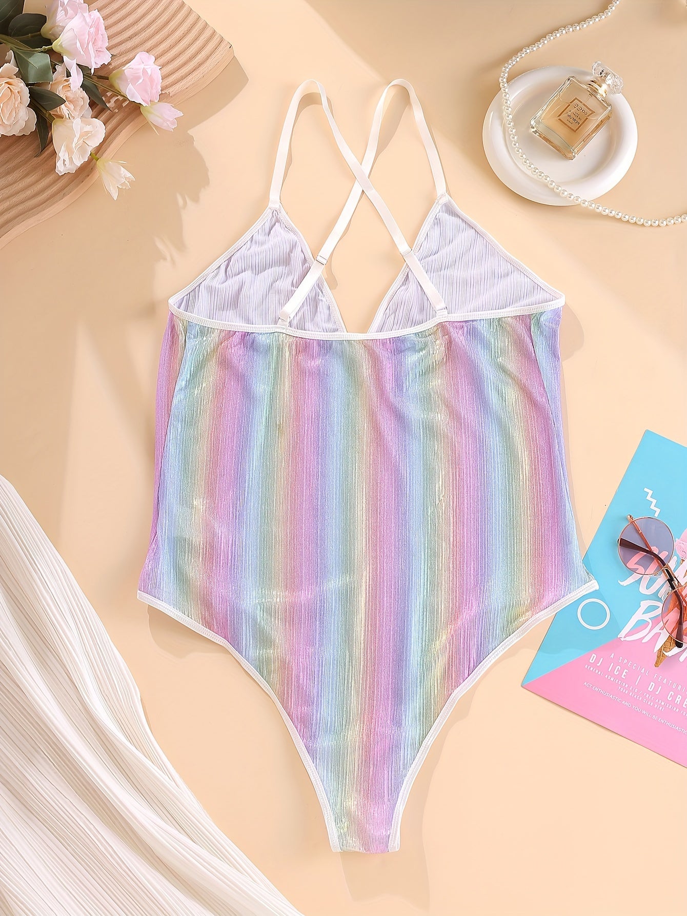  Rainbow Striped Crisscross Back Teddy Bodysuit