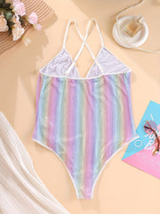 Rainbow Striped Crisscross Back Teddy Bodysuit