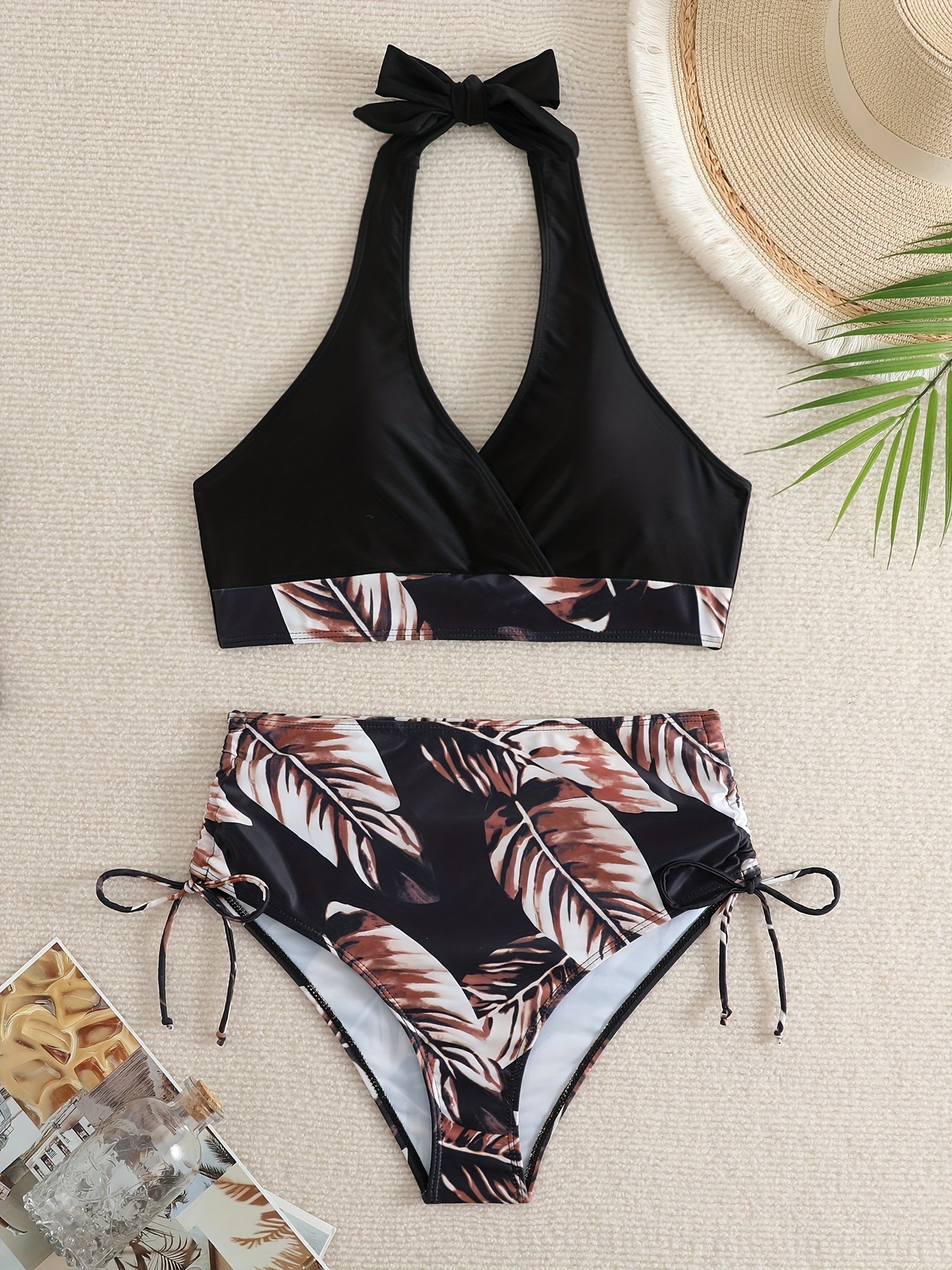 Leaf Print Bikini Set Halter V Neck High Cut Swimsuit