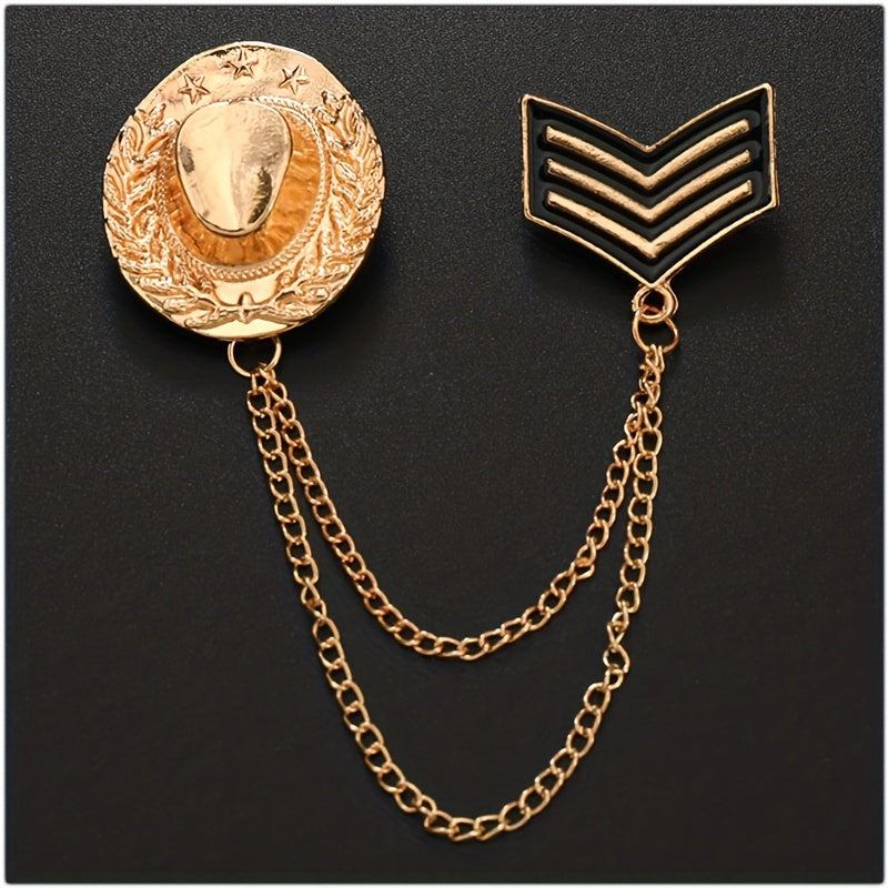 Double Layer Tassel Chain Brooch Western Cowboy Hat Shape Corsage Suit Accessori