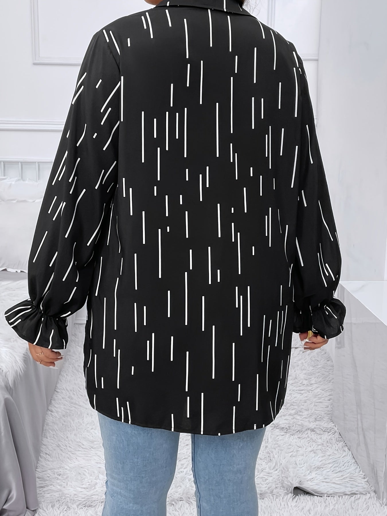  Stripe Print Lantern Sleeve Casual Blouse