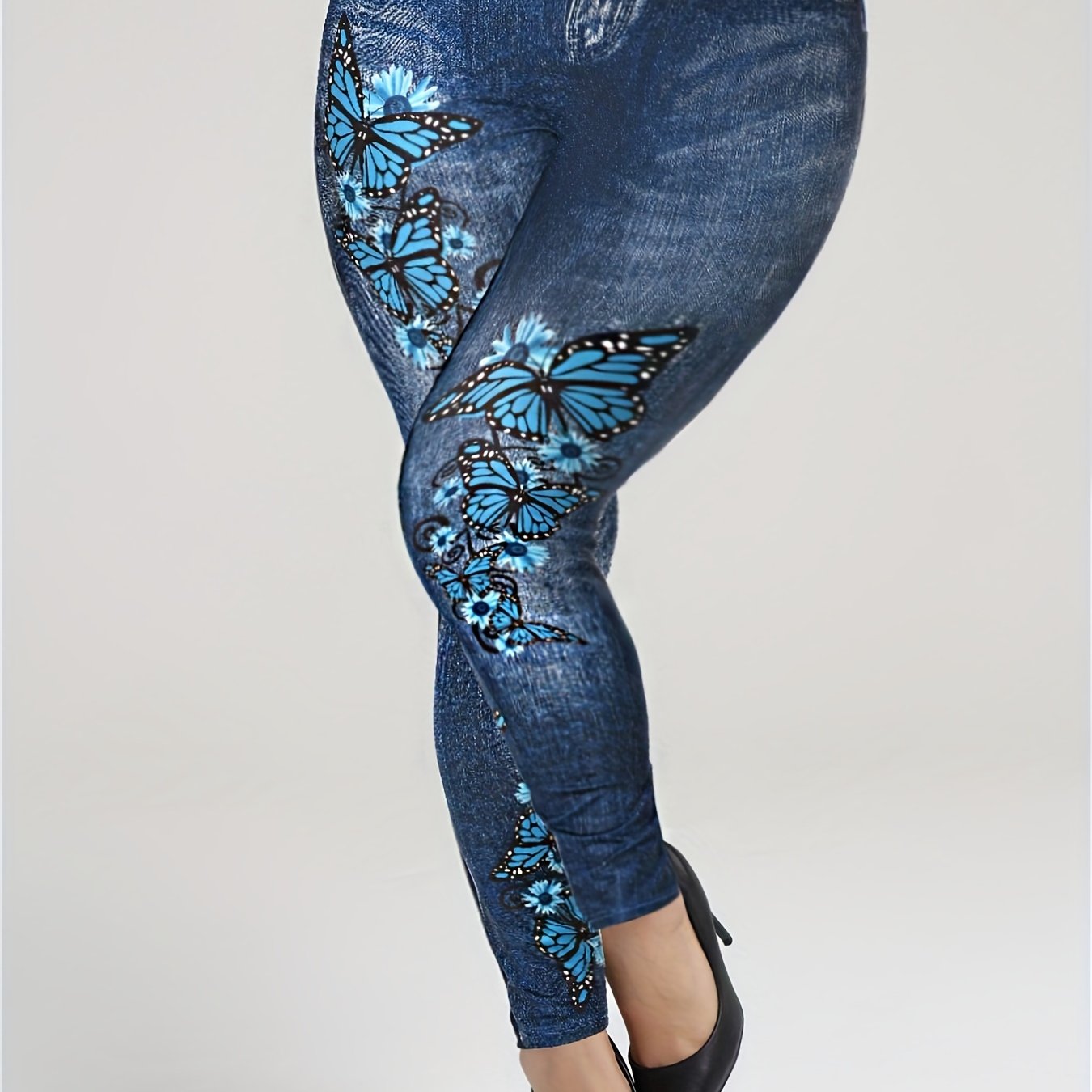  Butterfly & Denim Print High Rise Leggings