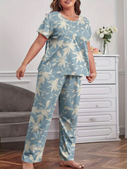  Pajama Set Women's Floral Print Short Sleeve Tee & Pants Lounge Set