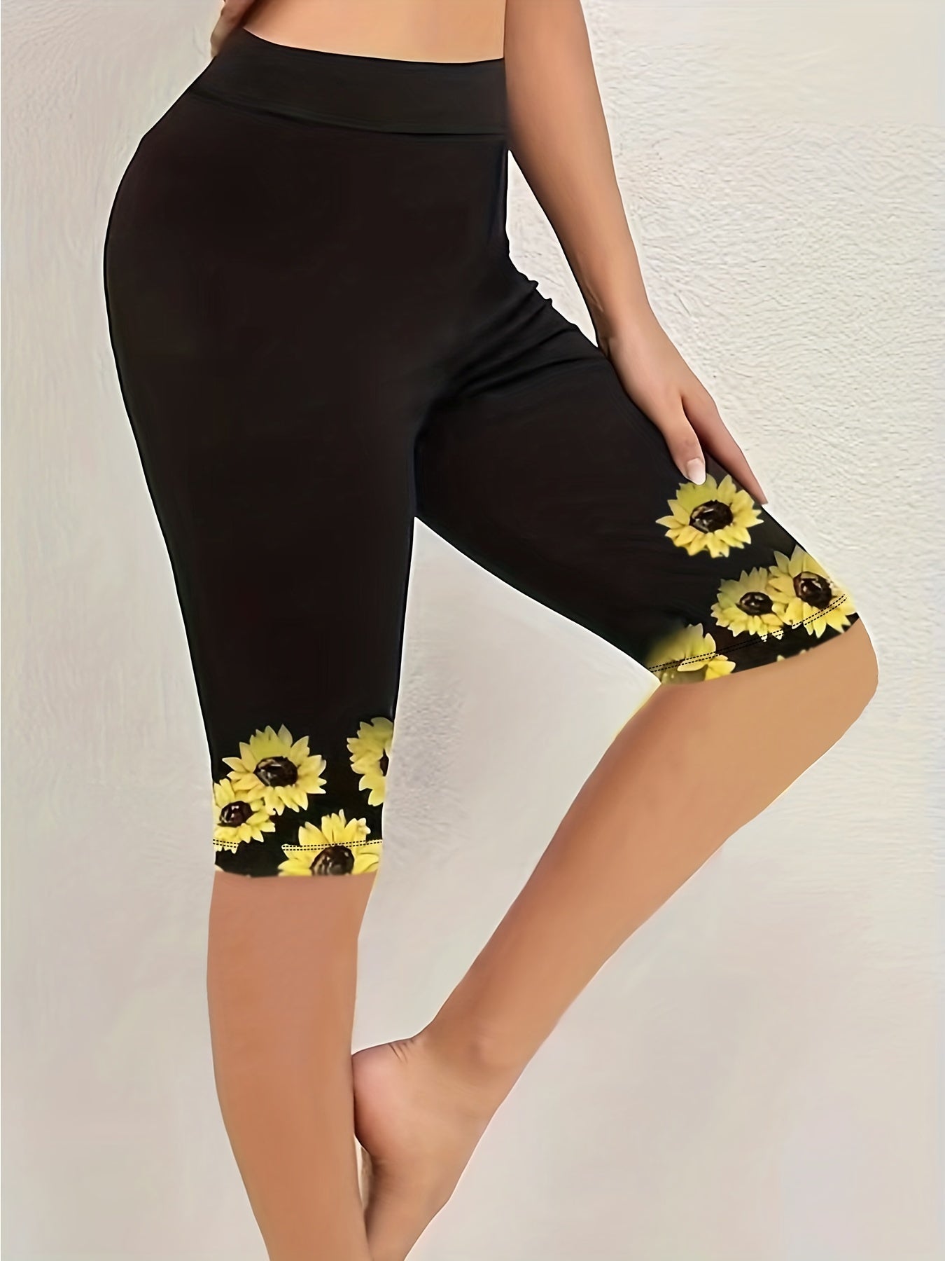 Sunflower Print High Waist Leggings Casual Leggings for Spring & Summer