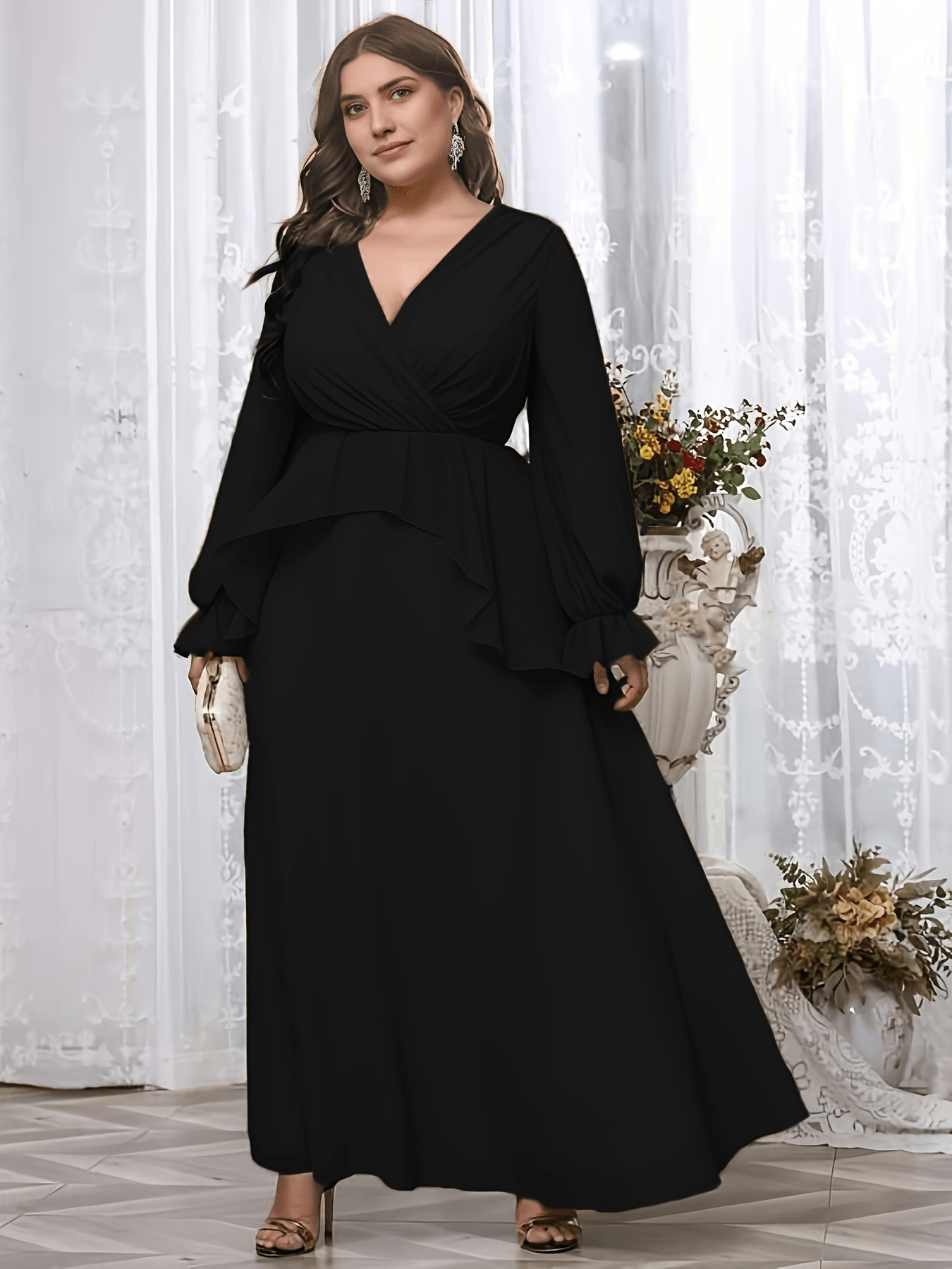  Solid Layered Flounce Sleeve Maxi Formal Dress