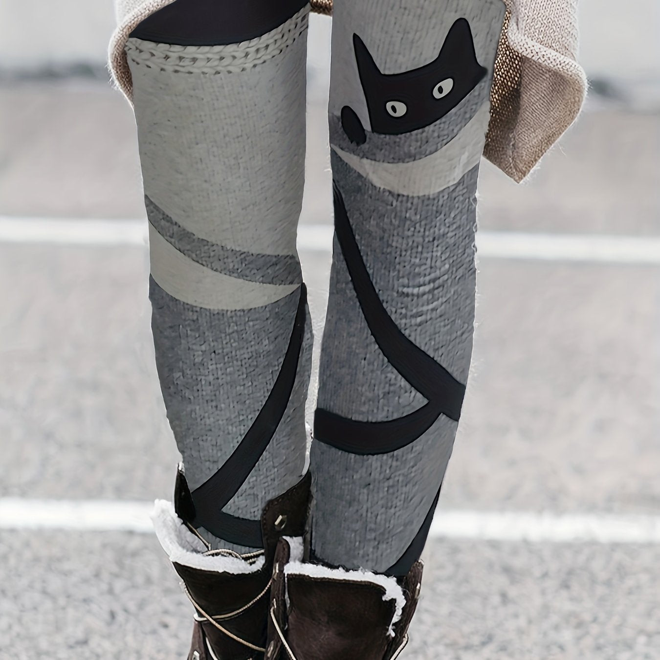  Colorblock Stripe & Cat Print Leggings