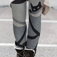  Colorblock Stripe & Cat Print Leggings