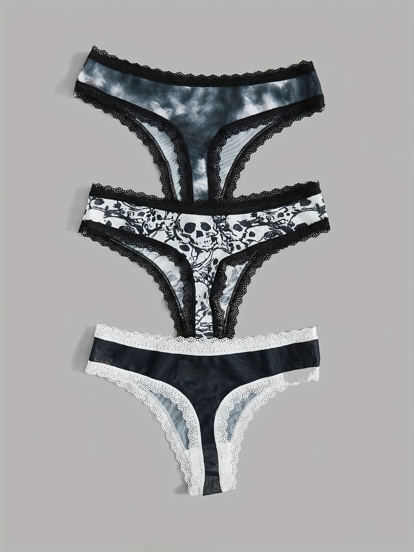 3pcs Skull Pattern Thongs with Lace Trim for Women