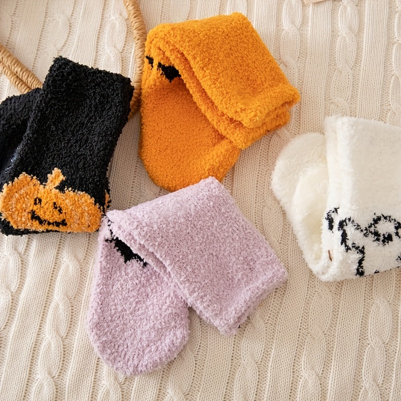 4 Pairs Pumpkin & Bat Print Socks & Funny Halloween Fuzzy Socks Women's