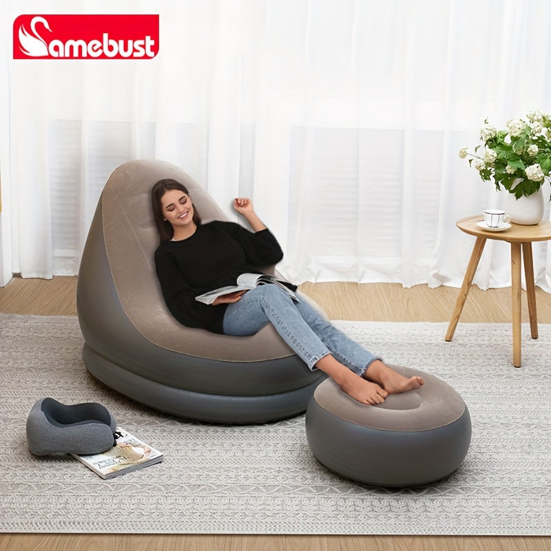 Flocking Inflatable Deck Chair With Ottoman - Foldable Lounger Sofa