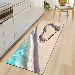 Romantic Wave & Heart Print Rug - Machine Washable Kitchen Carpet