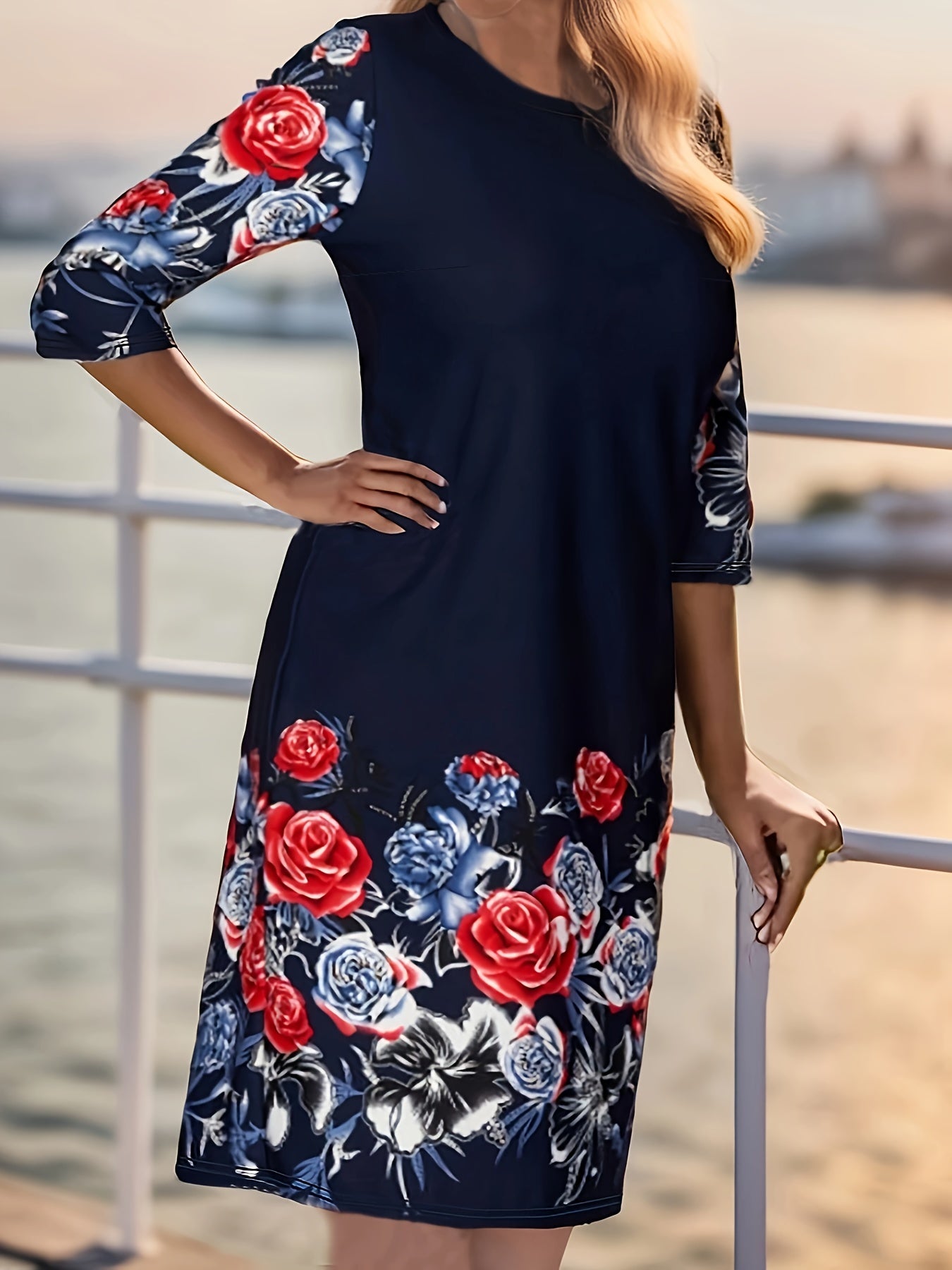 Women's Plus Floral Print 3/4 Sleeve Knee Length Casual Dress