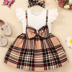 2pcs Baby Girls Casual Plaid Bowknot Dress & Headband Set