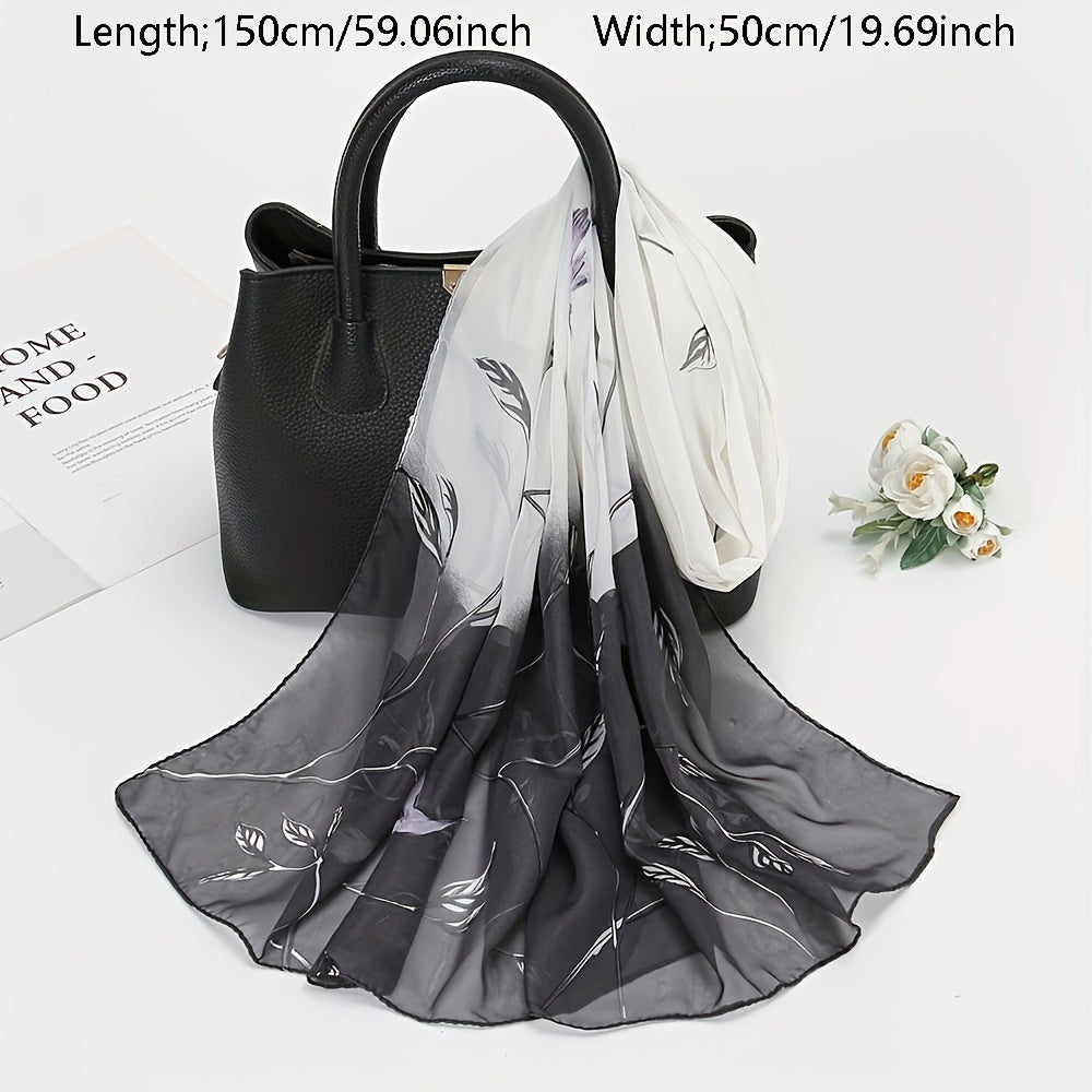Vintage Leaf Print Chiffon Scarf Gradient Block Shawl