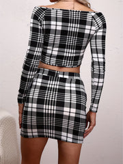 Plaid Off Shoulder Crop Top & Bodycon Skirt Set