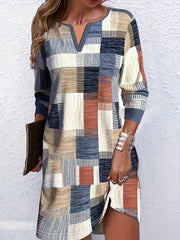  Colorblock Geometric Print Long Sleeve Dress