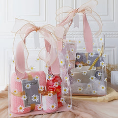 5pcs Large PVC Gift Bag With Ribbon Daisy Pattern Handled Gift Wrapping Bag