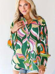  Casual Blouse Women's Plus Random Print Lantern Sleeve Button Up