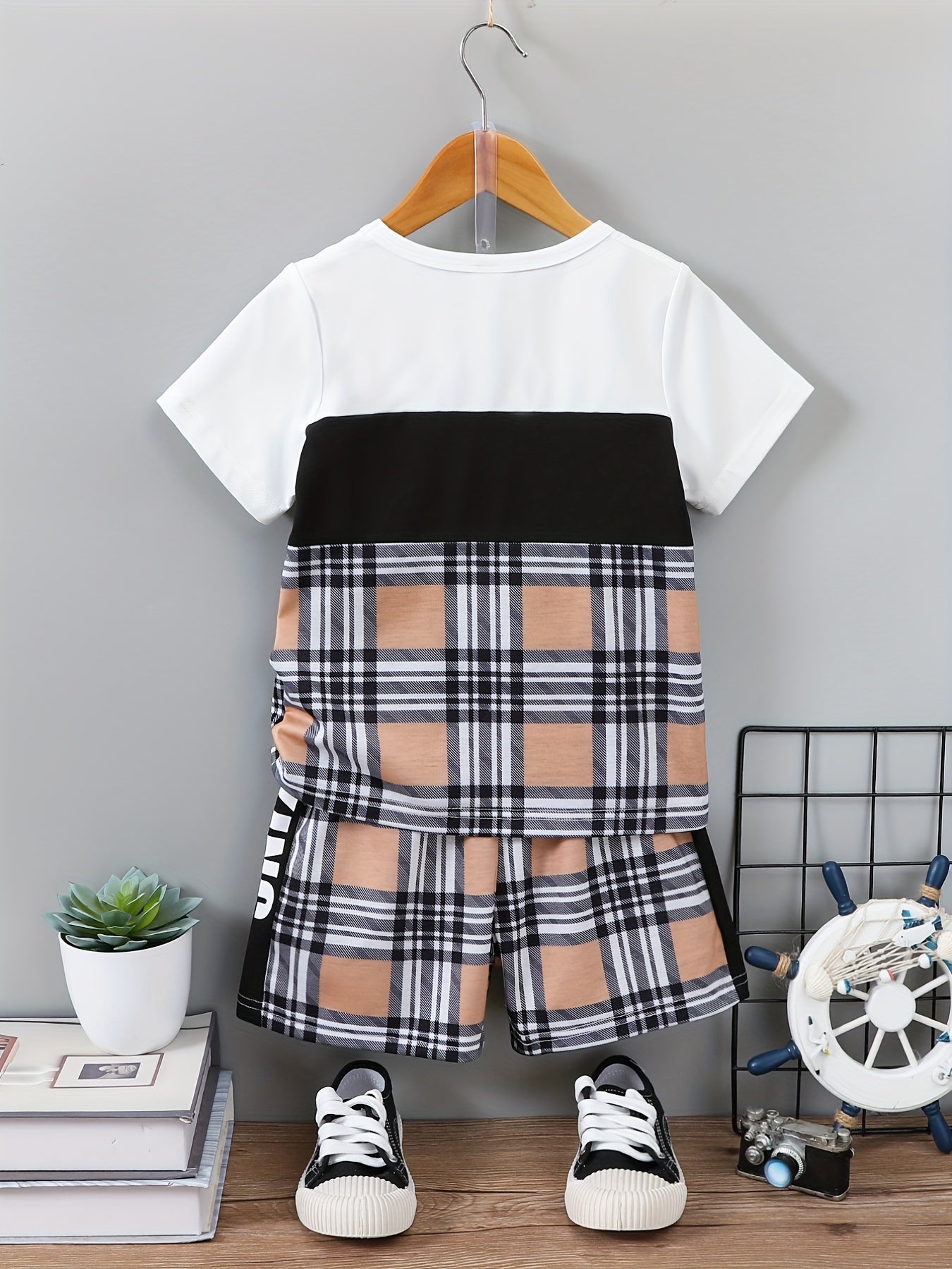 Boys Casual Outfit: T shirt & Plaid Shorts, Summer Kids Clothes