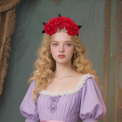 Victorian Rose & Feathered Headpiece Red Flower Soft Pastel