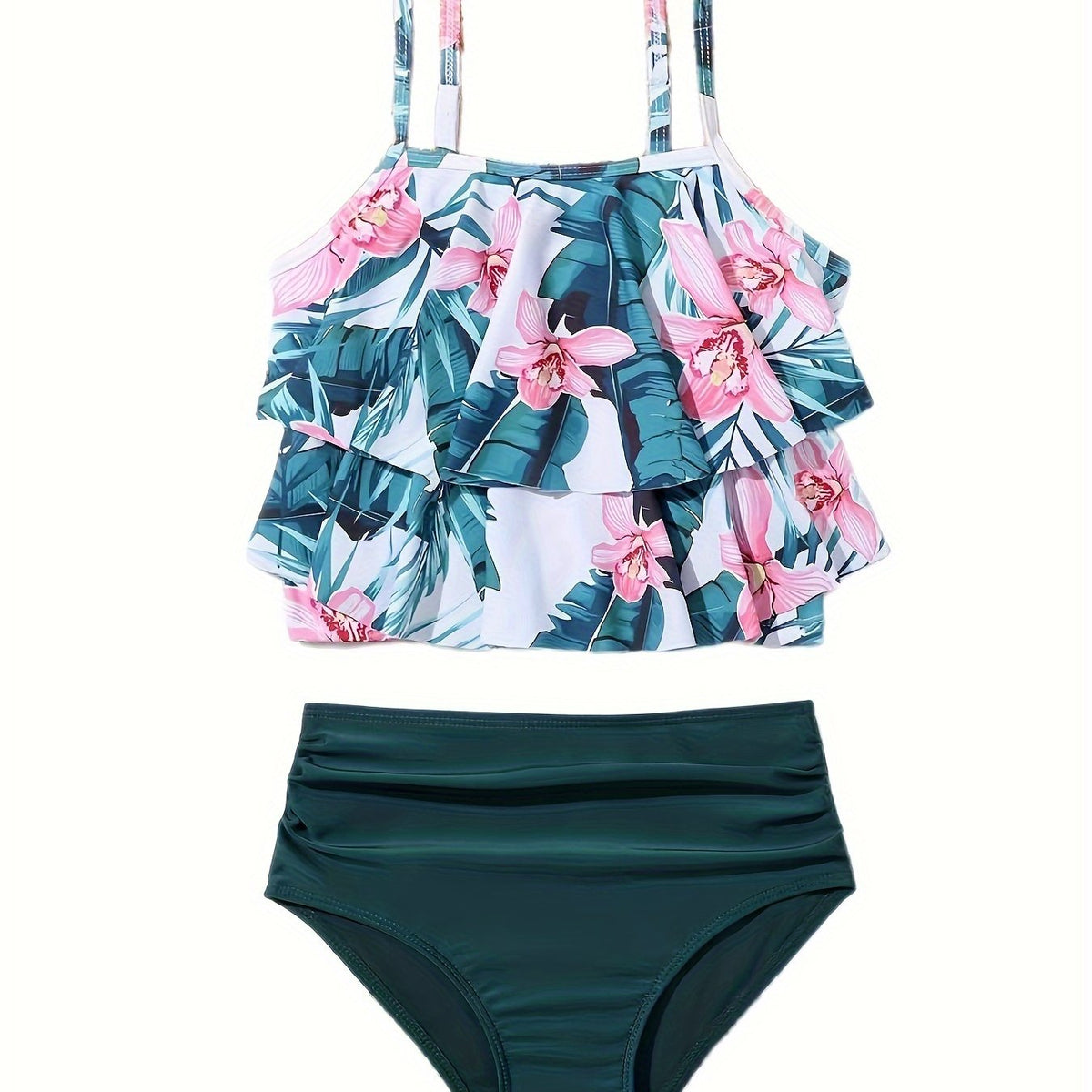 Girls Flower Graphic Swimwear Set Ruffle Trim Bathing Suit