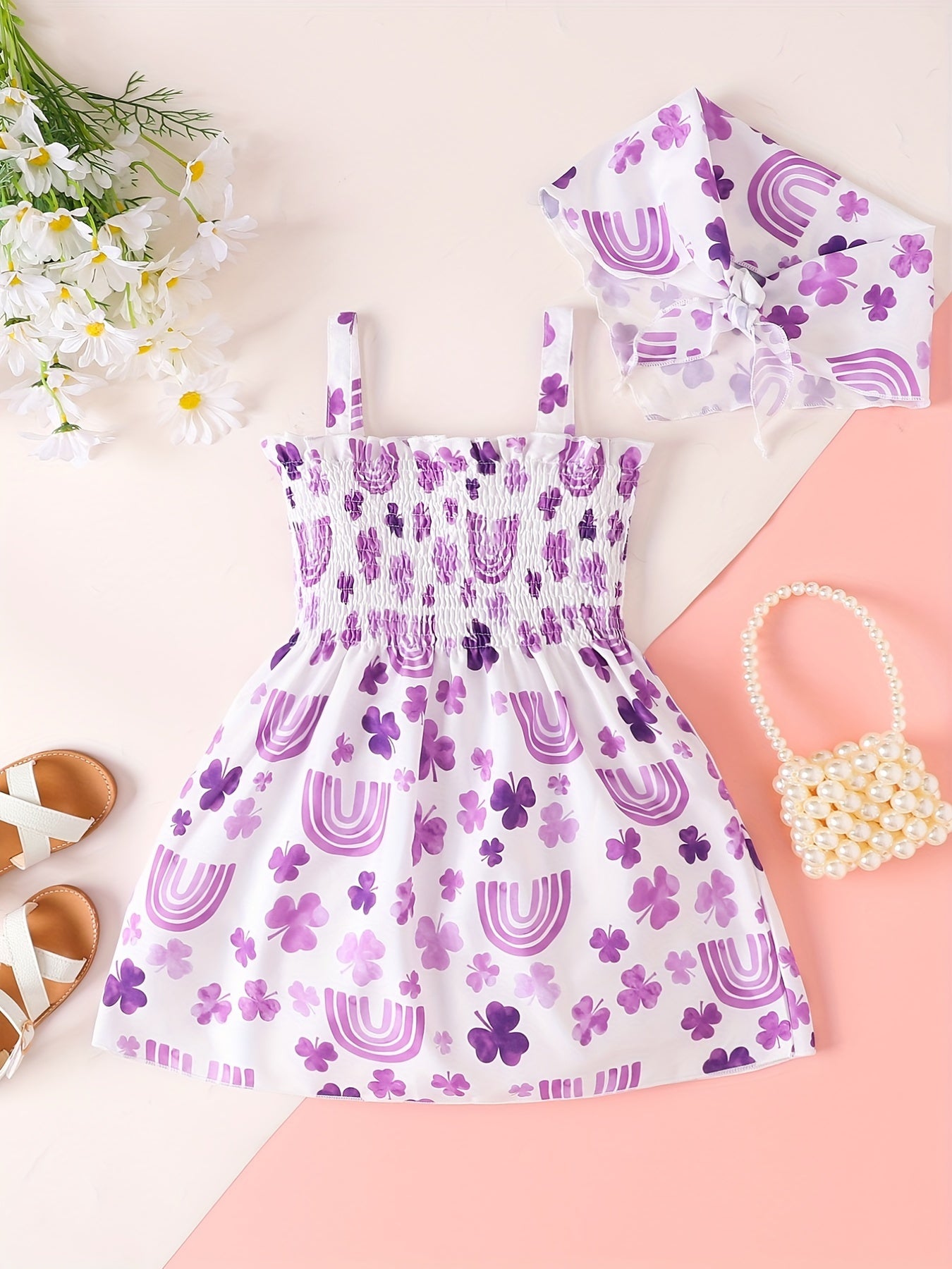 Girls Flower & Rainbow Frill Trim Shirred Dress & Headband Set