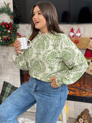  Boho Blouse Women's Plus Damask Print Lantern Sleeve Top
