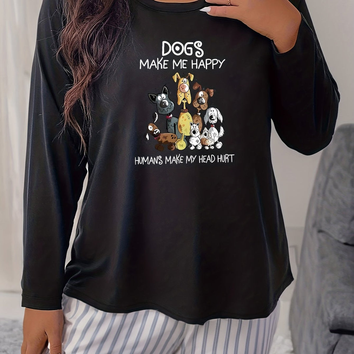 Women's Plus Size Dogs & Slogan Print Long Sleeve Crew Neck Pajama Tee